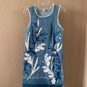 Anthropologie Denim Dress with Blue Floral Design